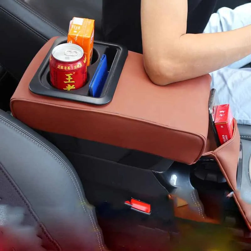 Leather car armrest box with water cup holder universal fit 35x20.5x7.5cm in beige