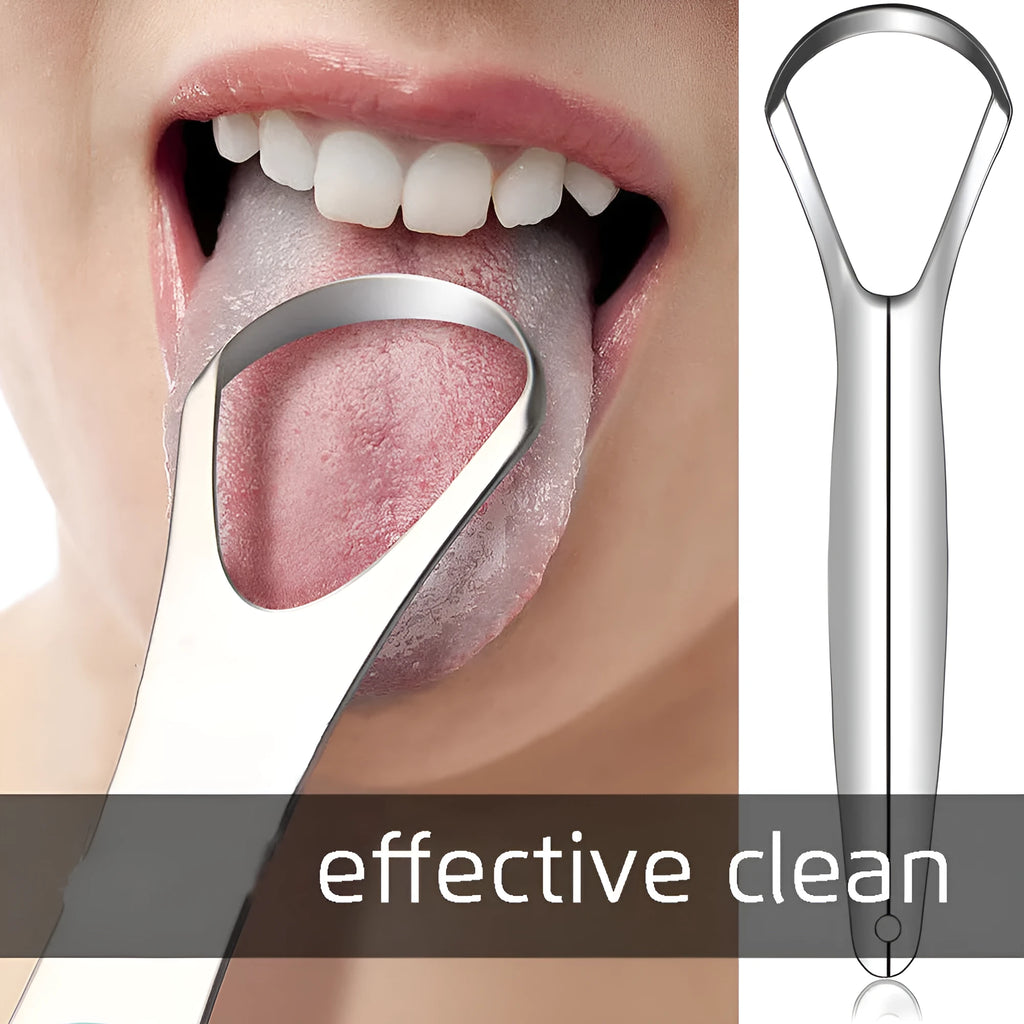 Stainless steel tongue coating cleaner set with U-shaped and spoon type scrapers in pearlescent bag packaging