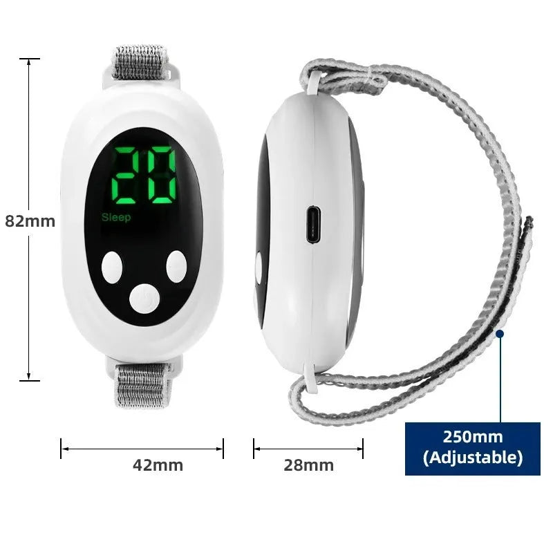 White sleep aid device with handheld remote control showing 20 intensity levels and USB charging port