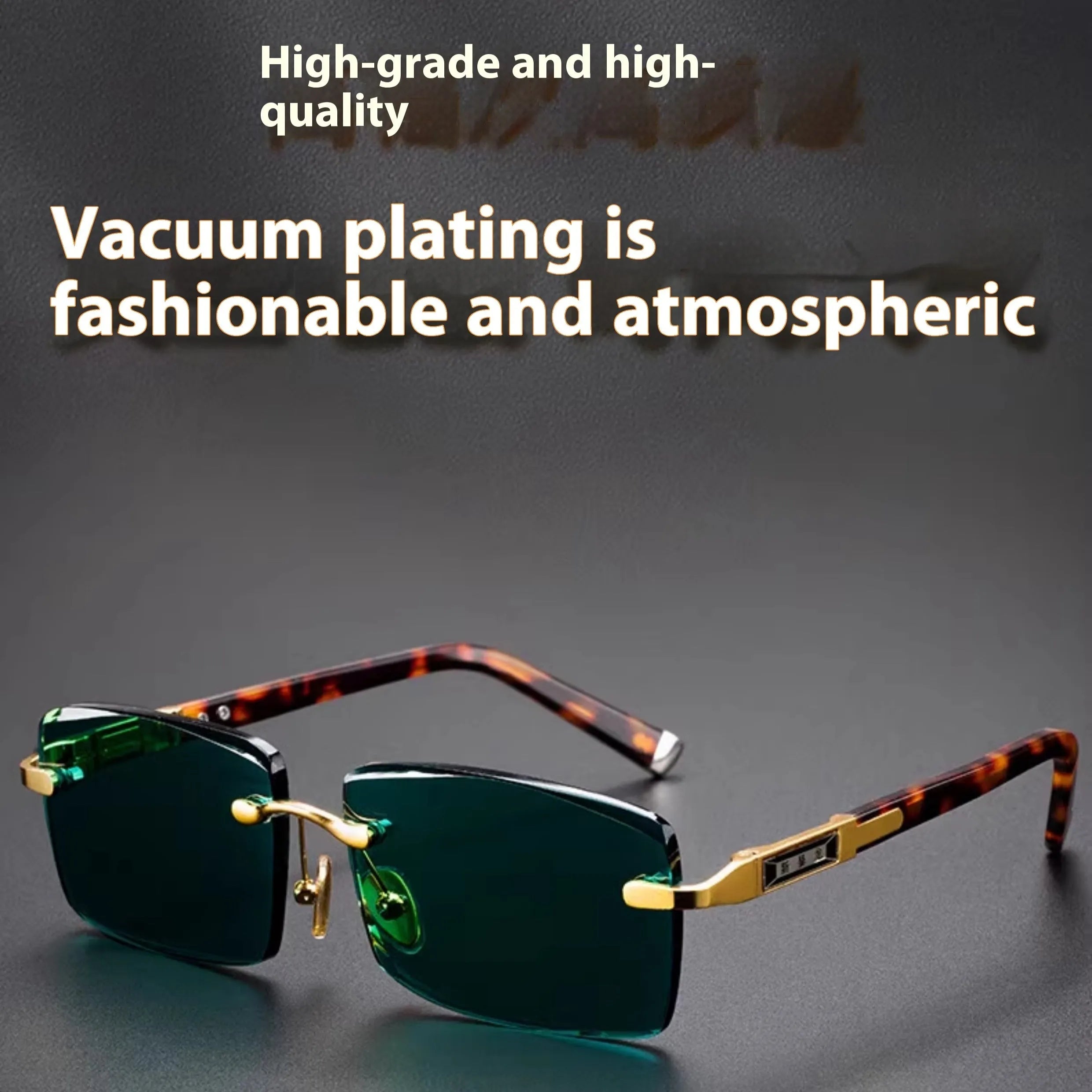 Dark green frameless crystal sunglasses with a matching case and cleaning cloth on a table.