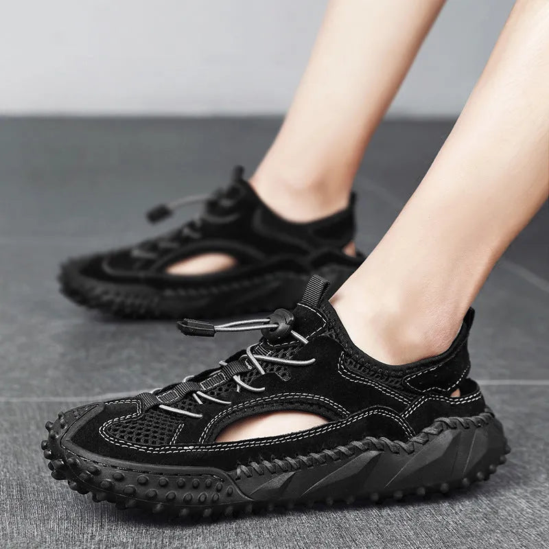 Men's black waterproof sports sandals with leather mesh upper and rubber sole