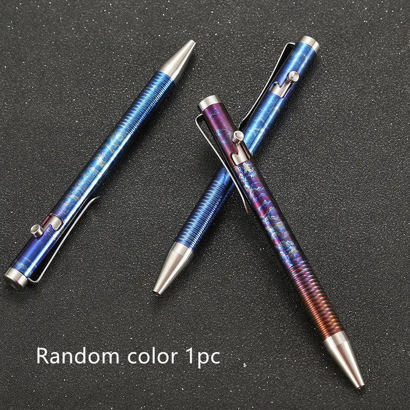Titanium alloy bolt action pen with magic phantom colour finish, showing bolt handle detail.