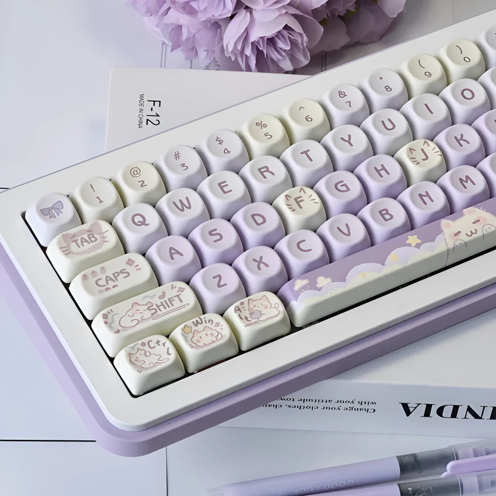 Set of three PBT key caps with sublimation printed character designs in Taro Kitten Moa, Light Green Panda Moa, and Kitty Moa colours