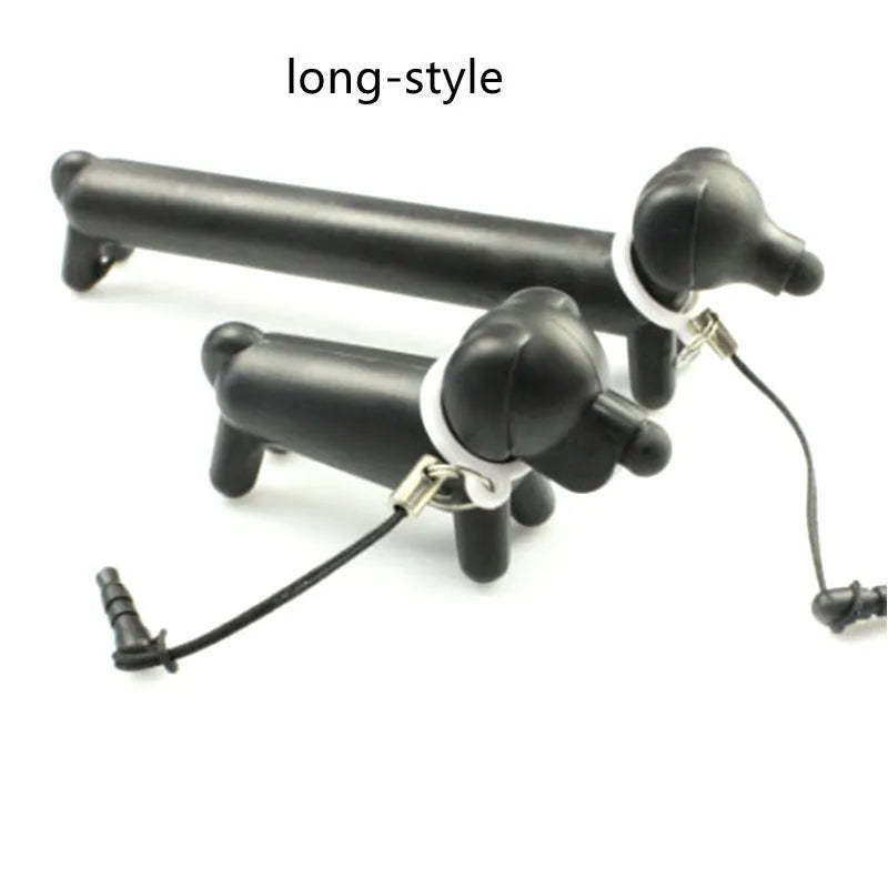 Black long puppy dog shaped touch screen stylus pen shown next to its carry socket