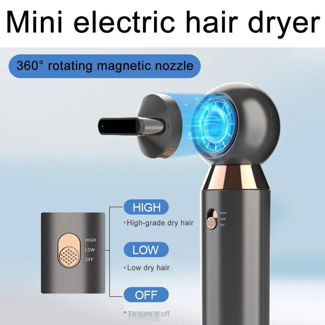 Compact leafless hair dryer with concentrator diffuser attachment on a white background.
