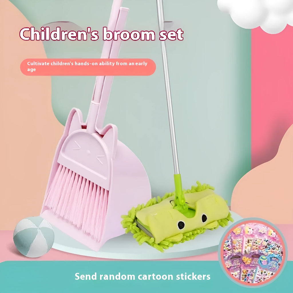 Plastic broom and dustpan set with rotating brush holder in beige, green, or purple colours