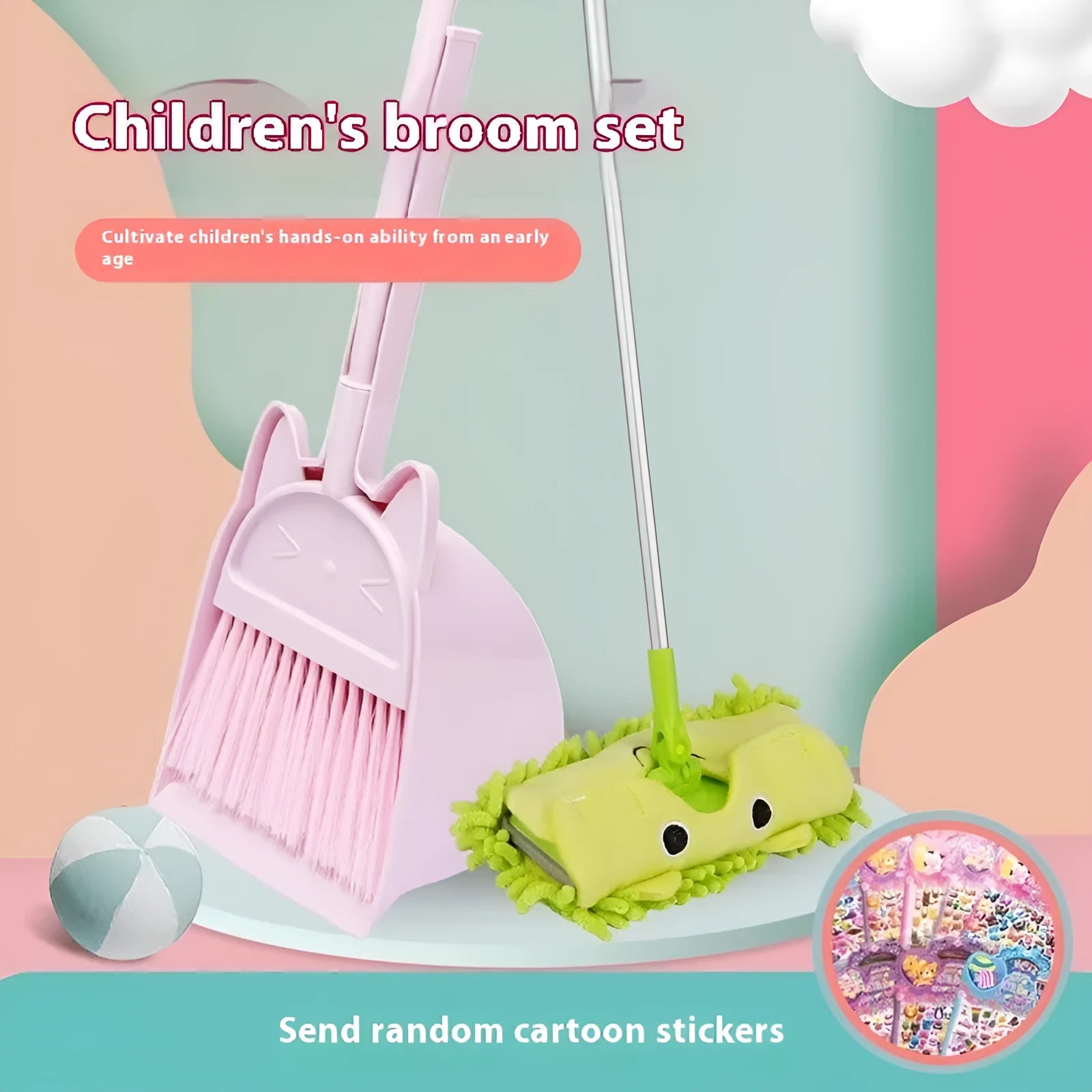 Plastic broom and dustpan set with rotating brush holder in beige, green, or purple colours