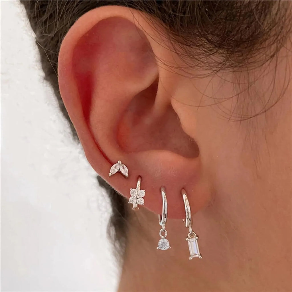 Geometric square copper earrings with zircon detailing in gold or silver electroplated finishes