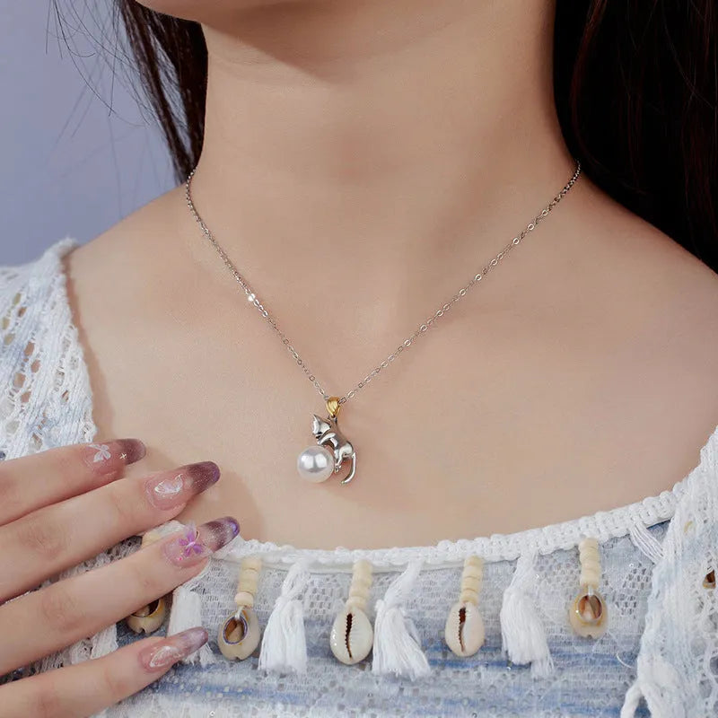 925 sterling silver clavicle chain necklace with cat pendant and pearl bead options