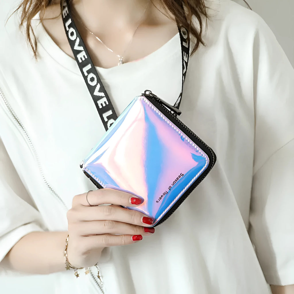 Short square bifold women's wallet in PU leather, shown in Magic Nail Glitter, Crystal Blue, and Symphony Green colours.