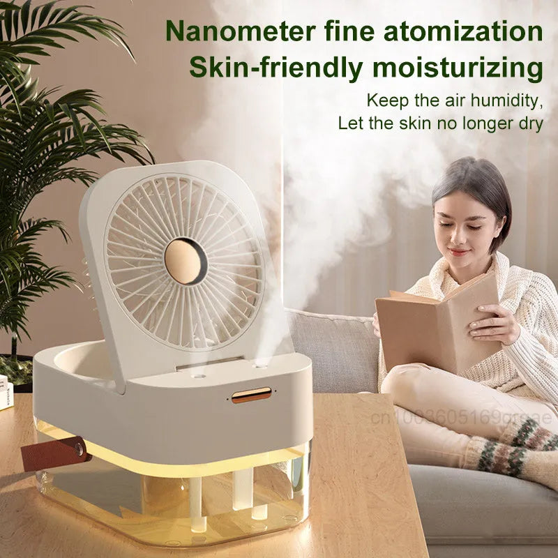 White humidifier spray fan with 2.5L water tank, dual spray ports, and night light on desktop