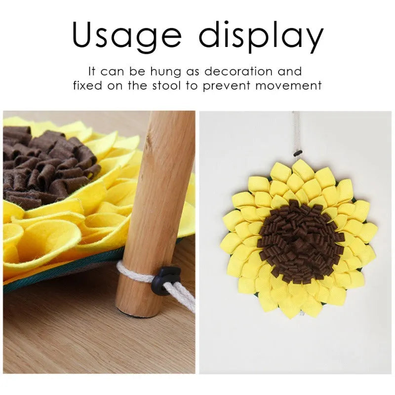 Yellow sunflower-shaped dog snuffle mat measuring 37.5cm with rope and buckle anti-slip design