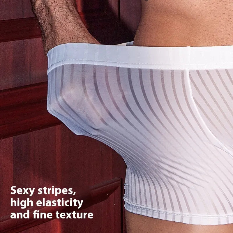 Men's black vertical stripe nylon boxer briefs laid flat