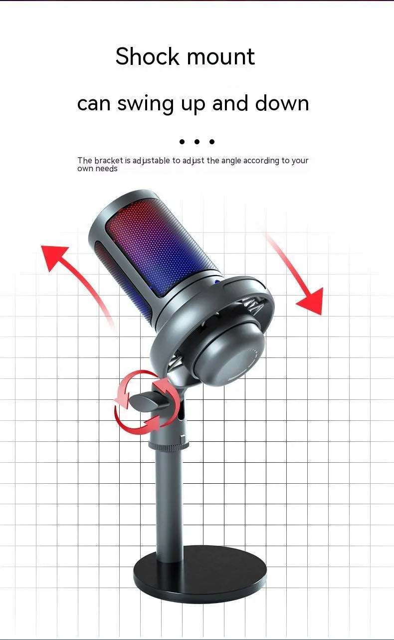 Condenser microphone with RGB lights in black, pink, or white, with a 150cm USB cable.