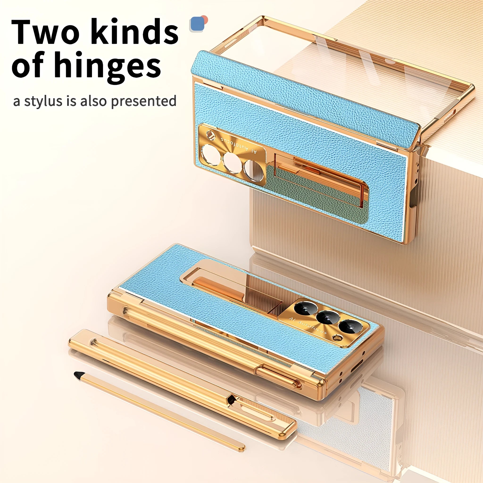 Electroplated imitation leather double hinge phone case for Samsung Z Fold with pen slot and bracket in gold