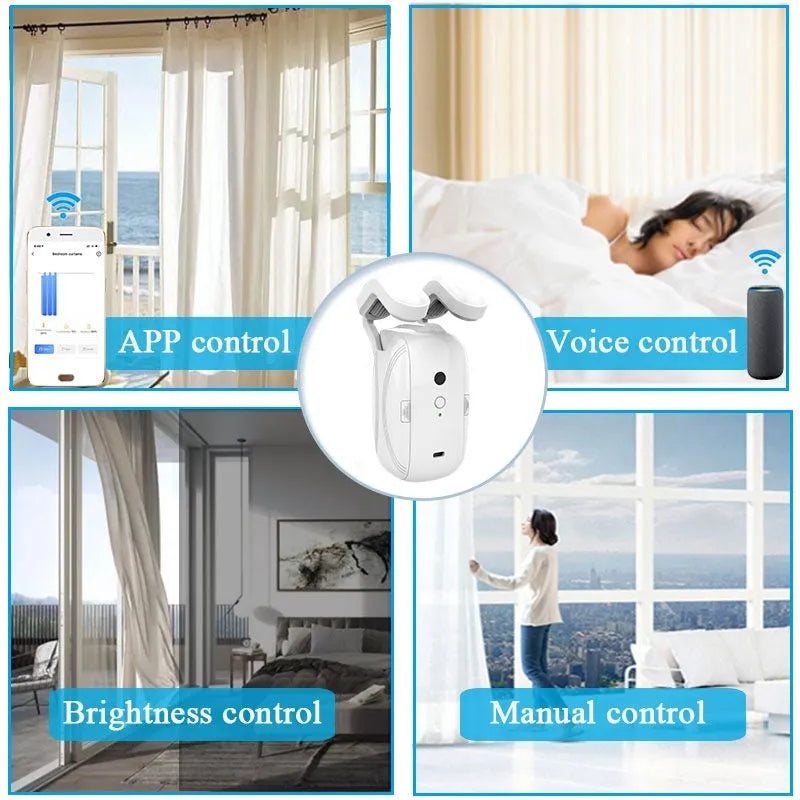 Smart curtain controller with Bluetooth, remote, and solar panel for Roman rod tracks