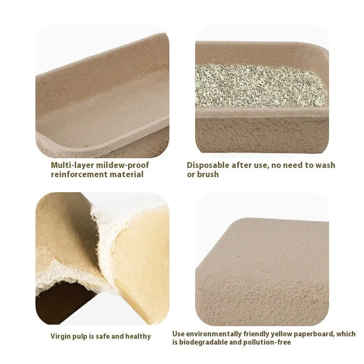 Brown disposable waterproof cat litter box shown in three available sizes.