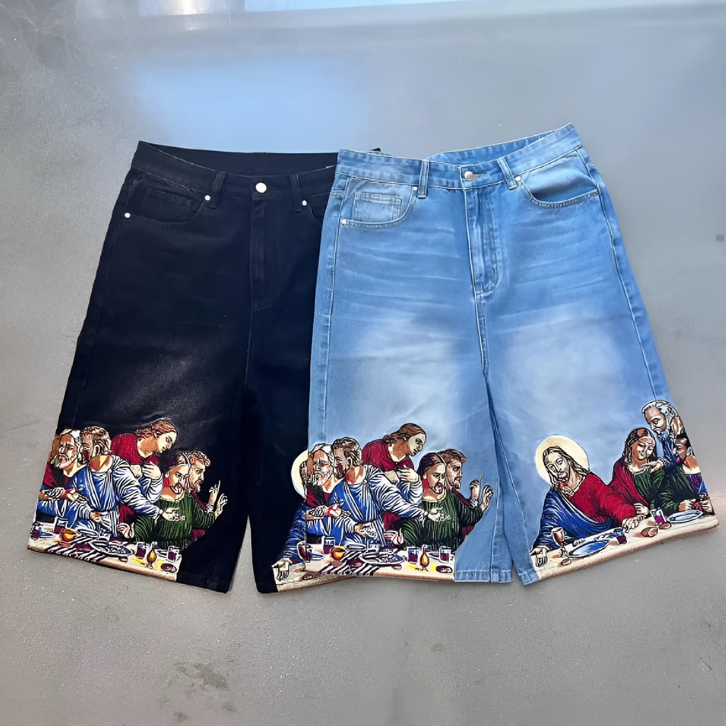 Blue men's tapered cotton shorts with a Jesus print design on the back pocket.