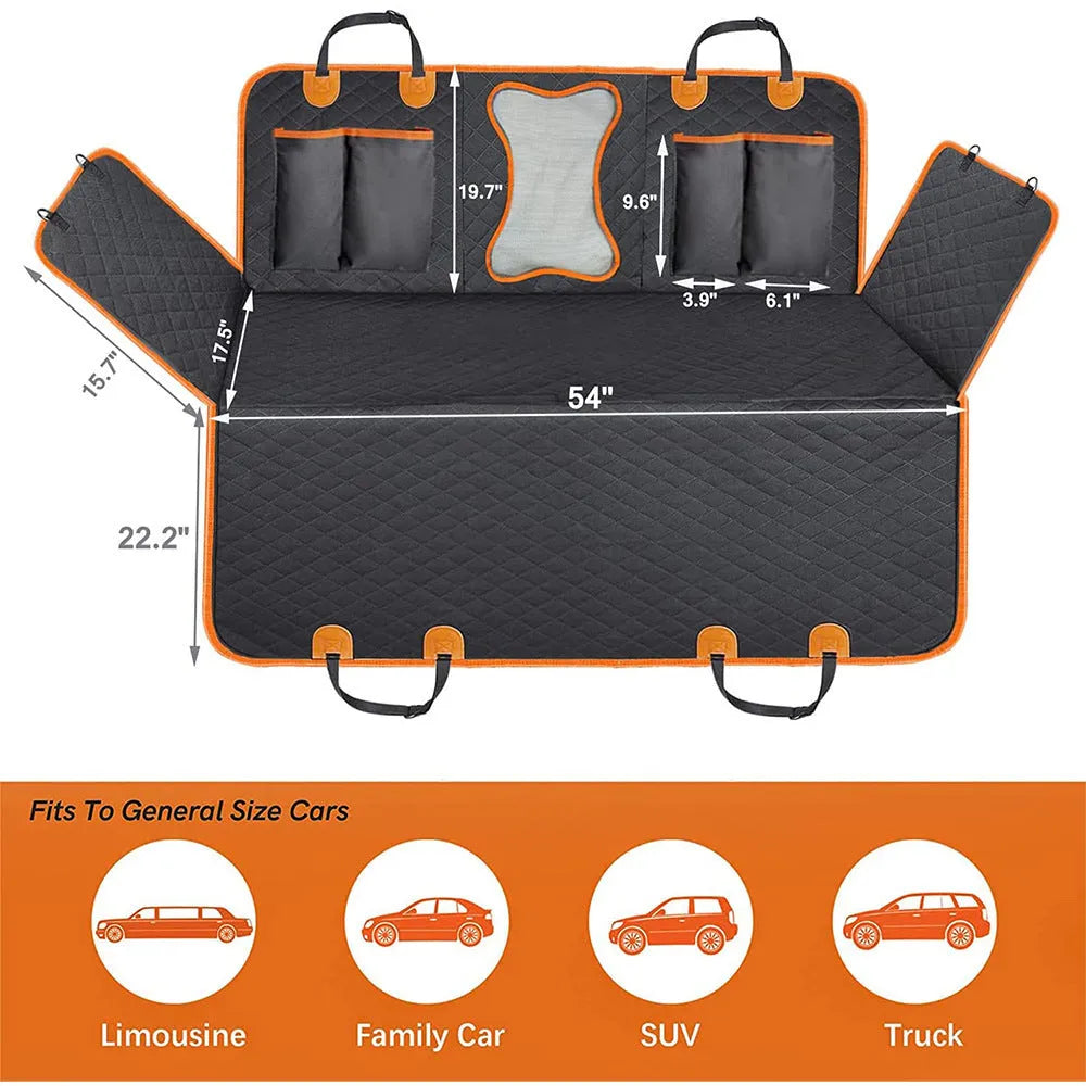 Black and orange waterproof dog car seat cover showing mesh window and accessory pocket