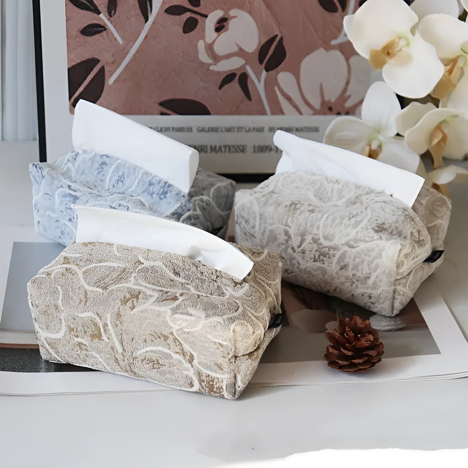 Cotton fabric tissue box cover with rose pattern in beige blue or Maillard brown, 17x11x7cm drawer style for living room tea table.