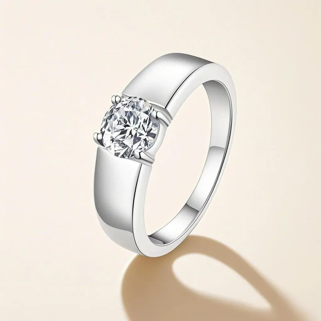 Sterling silver men's ring with U-shaped band, adjustable opening or fixed size, and moissanite or high carbon stone in 50 points or 1 karat.