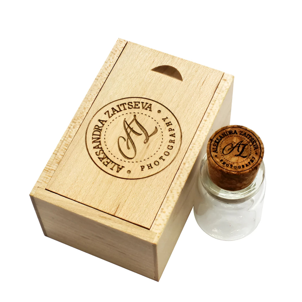 Chocolate brown wooden bottle-shaped USB flash drive with a custom graphic on its surface