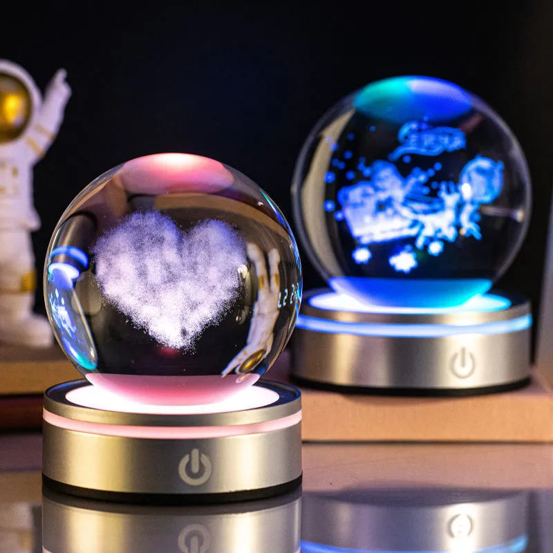 Creative 3D inner carving luminous crystal ball night lamp with colourful gradient, USB plug-in, and round touch base, 8cm diameter, white crystal material, astronaut style.