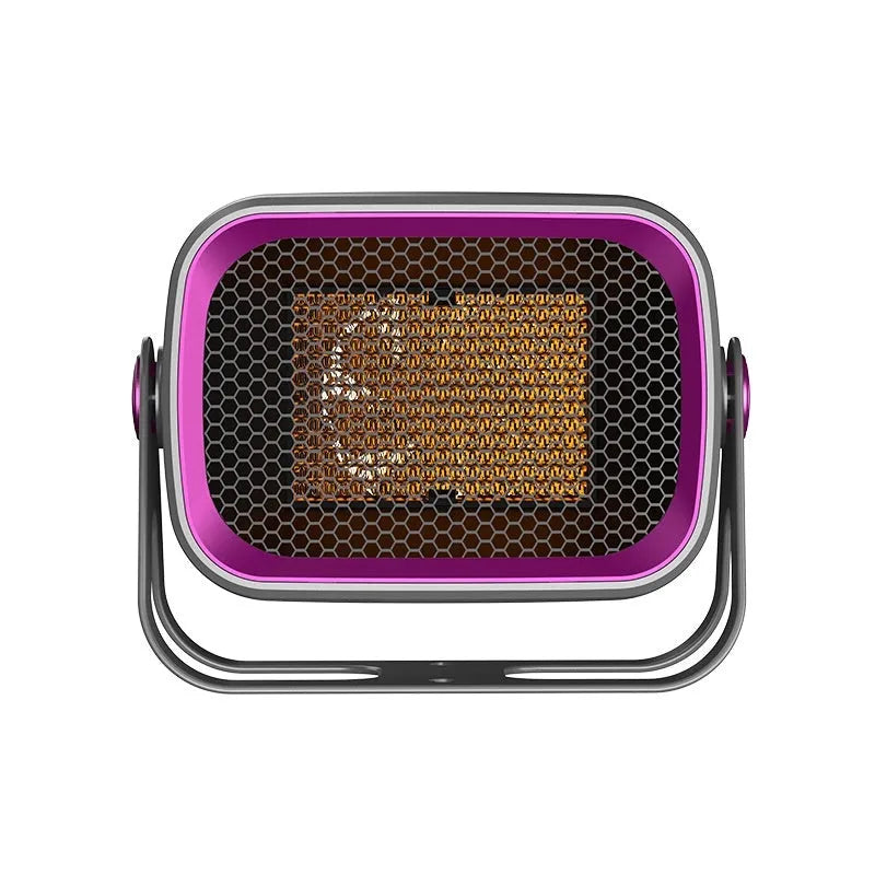 Compact white desktop ceramic fan heater showing control buttons and rotatable base.