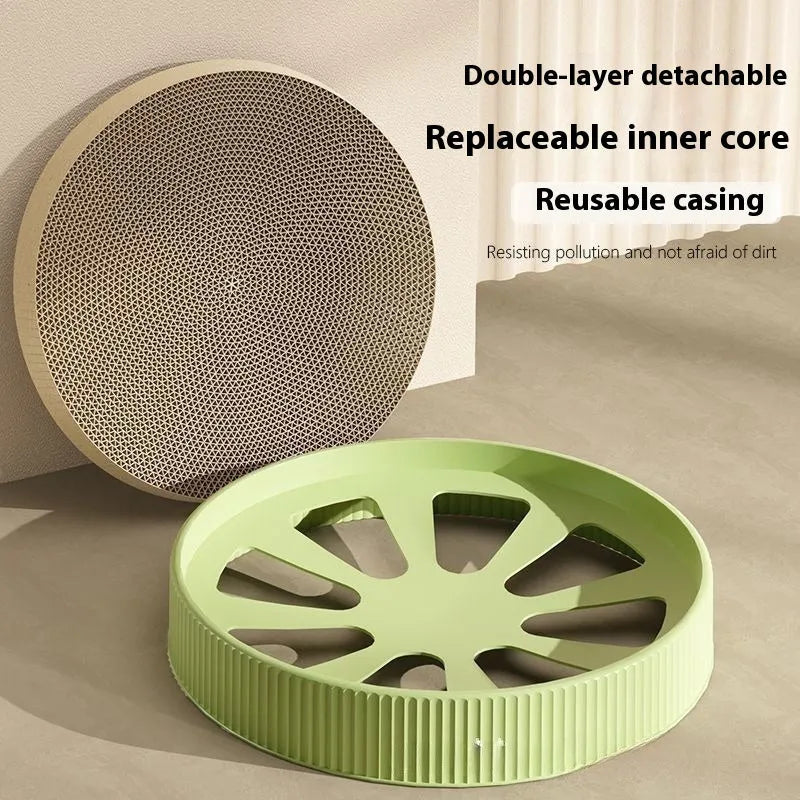 Green and white round cat scratching board with 55cm diameter and corrugated cardboard surface