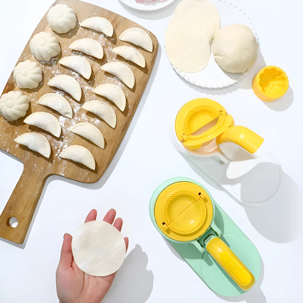 Plastic dumpling wrapper press tool in fresh green on countertop, 25.5cm length