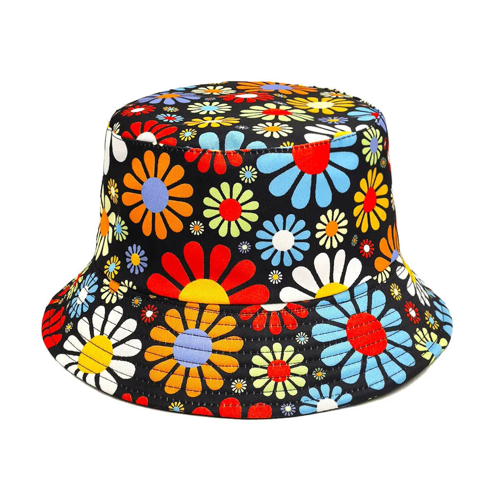 Colourful flowers pattern polyester bucket hat with dome crown in retro style