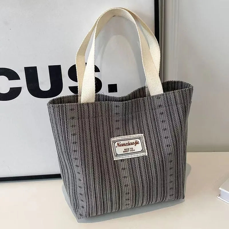 Japanese style large capacity corduroy handbag in ivory white, grey, or dark brown.