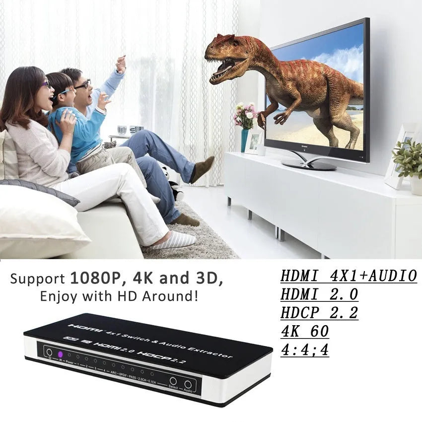 Black HDMI switch unit with four input and one output port, remote control, and power adapter.
