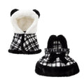 Two-piece pet winter outfit with vintage plaid hooded cape, matching dress, faux rabbit fur trim and velvet bow in Black or Brown