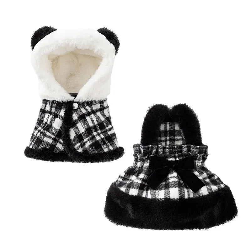 Two-piece pet winter outfit with vintage plaid hooded cape, matching dress, faux rabbit fur trim and velvet bow in Black or Brown