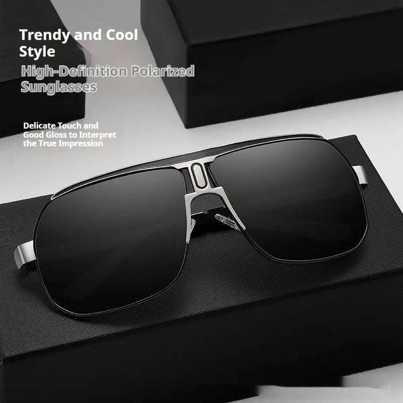 Unisex large frame alloy driving sunglasses for men with sun protection, available in multiple colours.