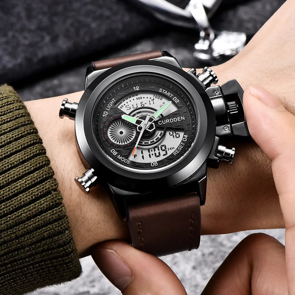 Men's fashion belt multi-functional double display sports watch with black leather strap