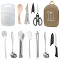 12-piece stainless steel portable picnic kitchenware set in khaki, green or brown colour options