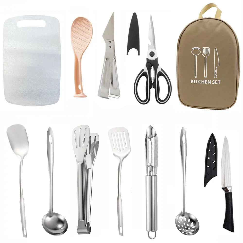 12-piece stainless steel portable picnic kitchenware set in khaki, green or brown colour options