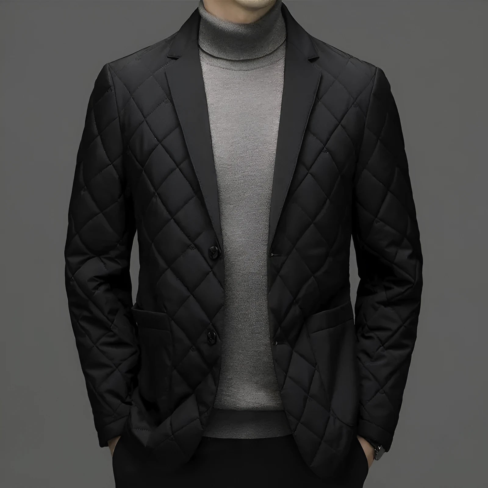 Men's black lapel down jacket with side pockets showing thickened winter construction