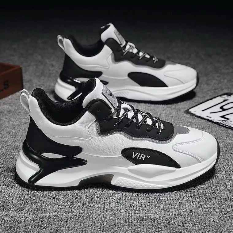 Men's black white lightweight breathable synthetic leather lace-up casual sneakers with round toe