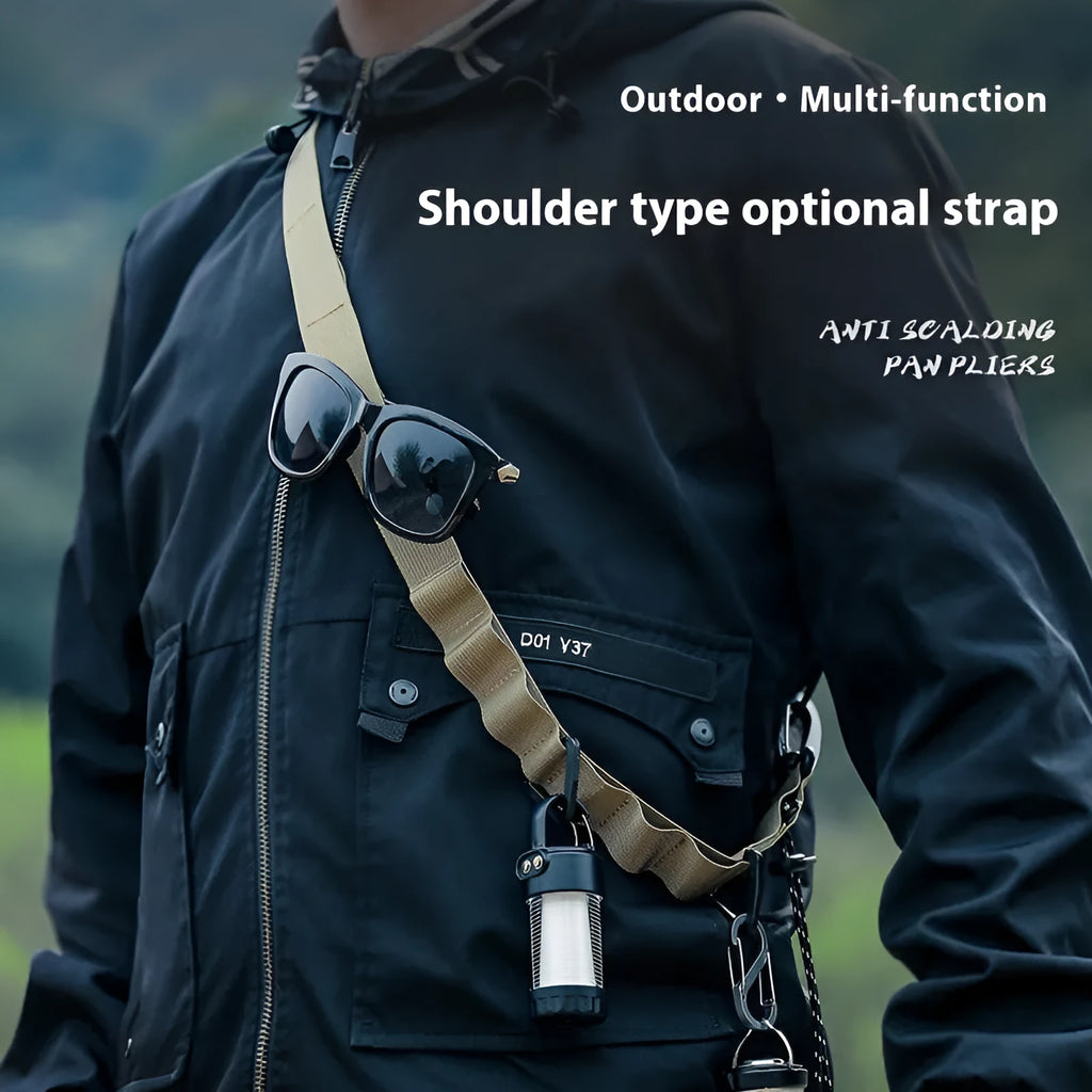 Black multifunctional hanging rope storage belt with buckle, coiled to show its 130cm length.