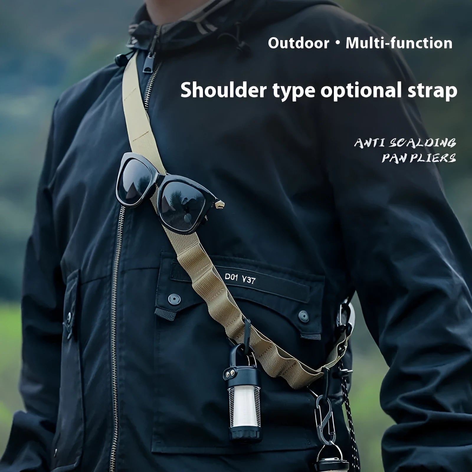 Black multifunctional hanging rope storage belt with buckle, coiled to show its 130cm length.
