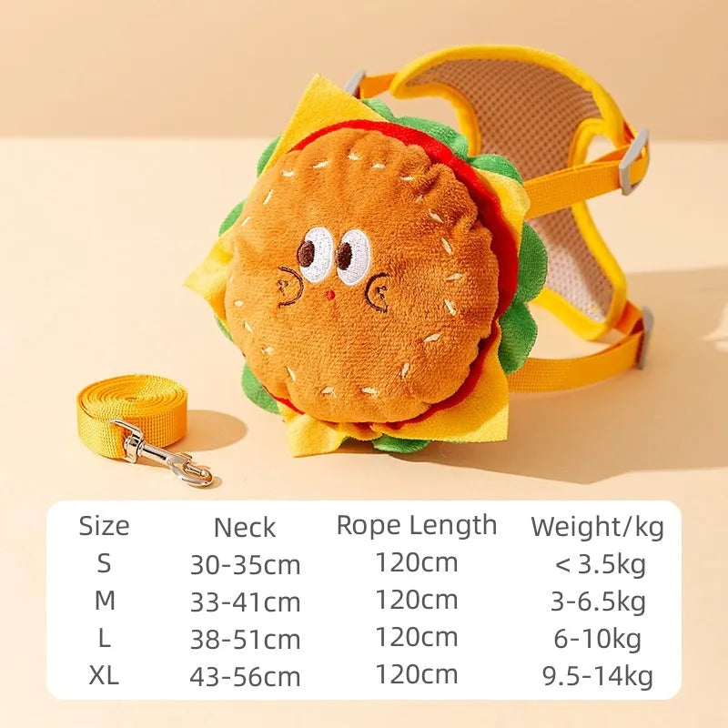 Cartoon hamburger print adjustable vest harness with backpack and leash for dogs or cats