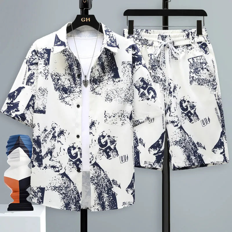 Men's casual sports two-piece set with short sleeve top and matching shorts in polyester fabric