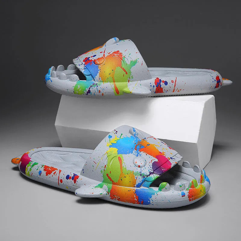 Open-toe shark design couple slippers in EVA material on a white background.