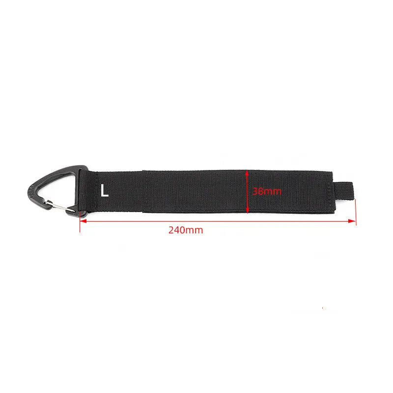 Black heavy-duty carabiner storage strap showing the climbing carabiner hook and 38mm wide blended material.