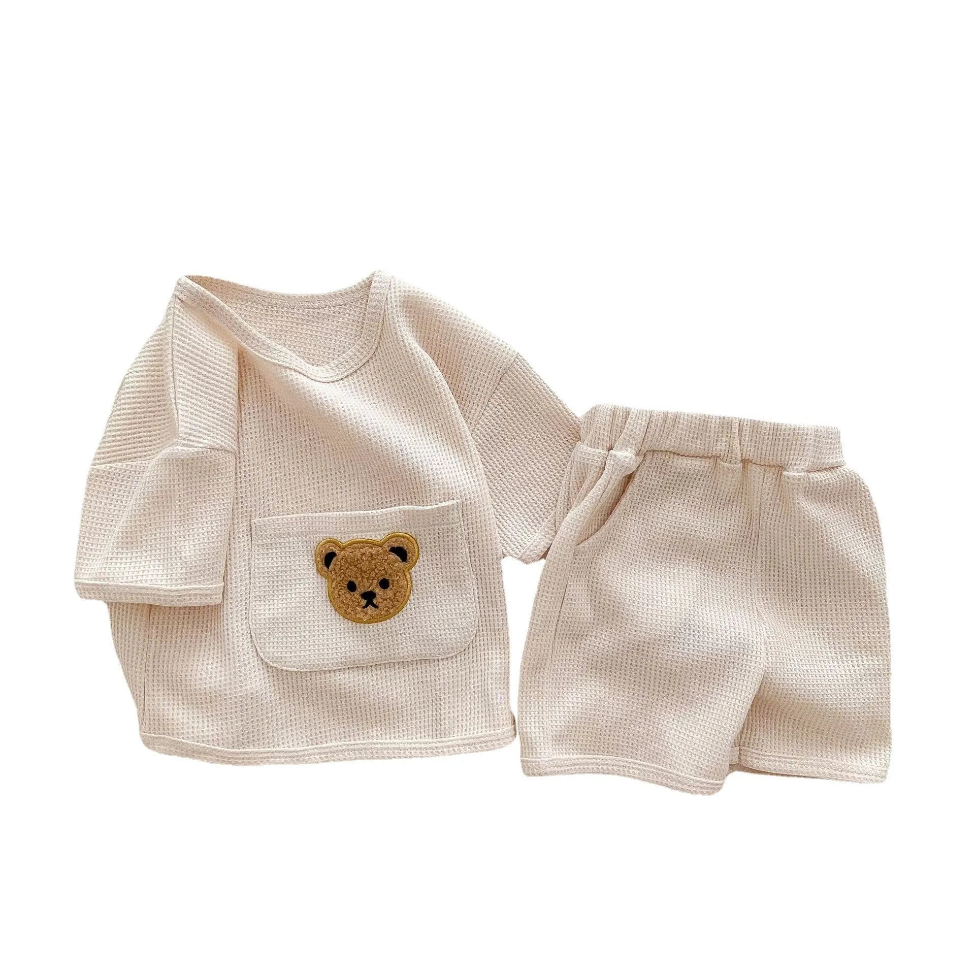 Unisex baby summer two-piece cotton bear top and shorts suit in beige