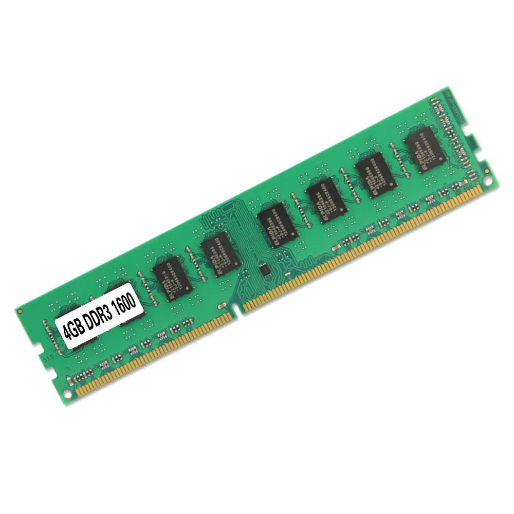 Desktop DDR3 4GB 1600 MHz memory module showing gold contact pins and capacity label