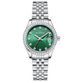 Women's silver alloy quartz watch with circular dial and stainless steel folding buckle on a wrist.